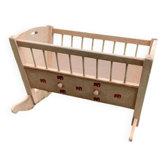 Child's cradle in pine painted pink and red, Hungary - 1920s, vintage style