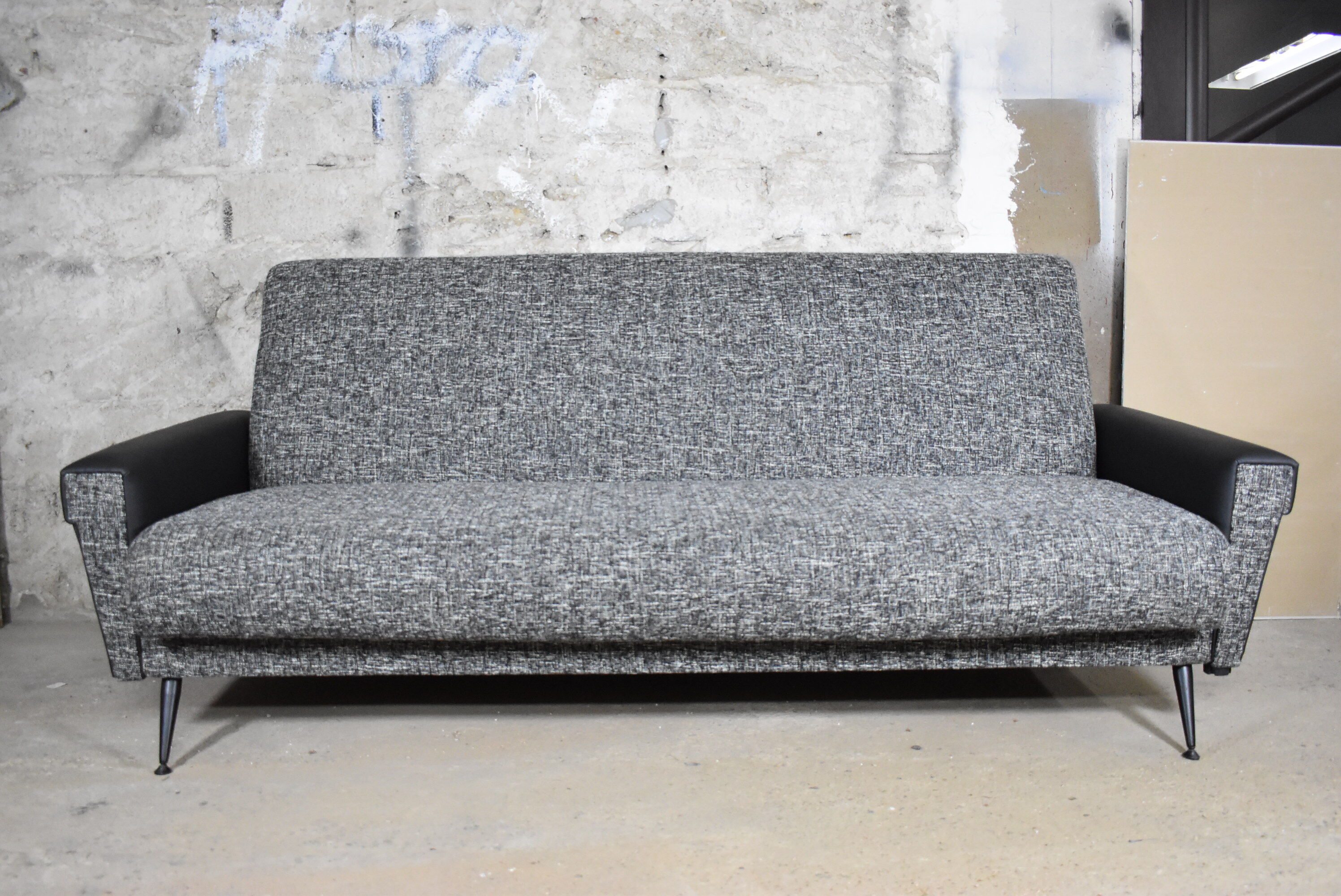 Restored couch, 60s, black and white fabric, black leather