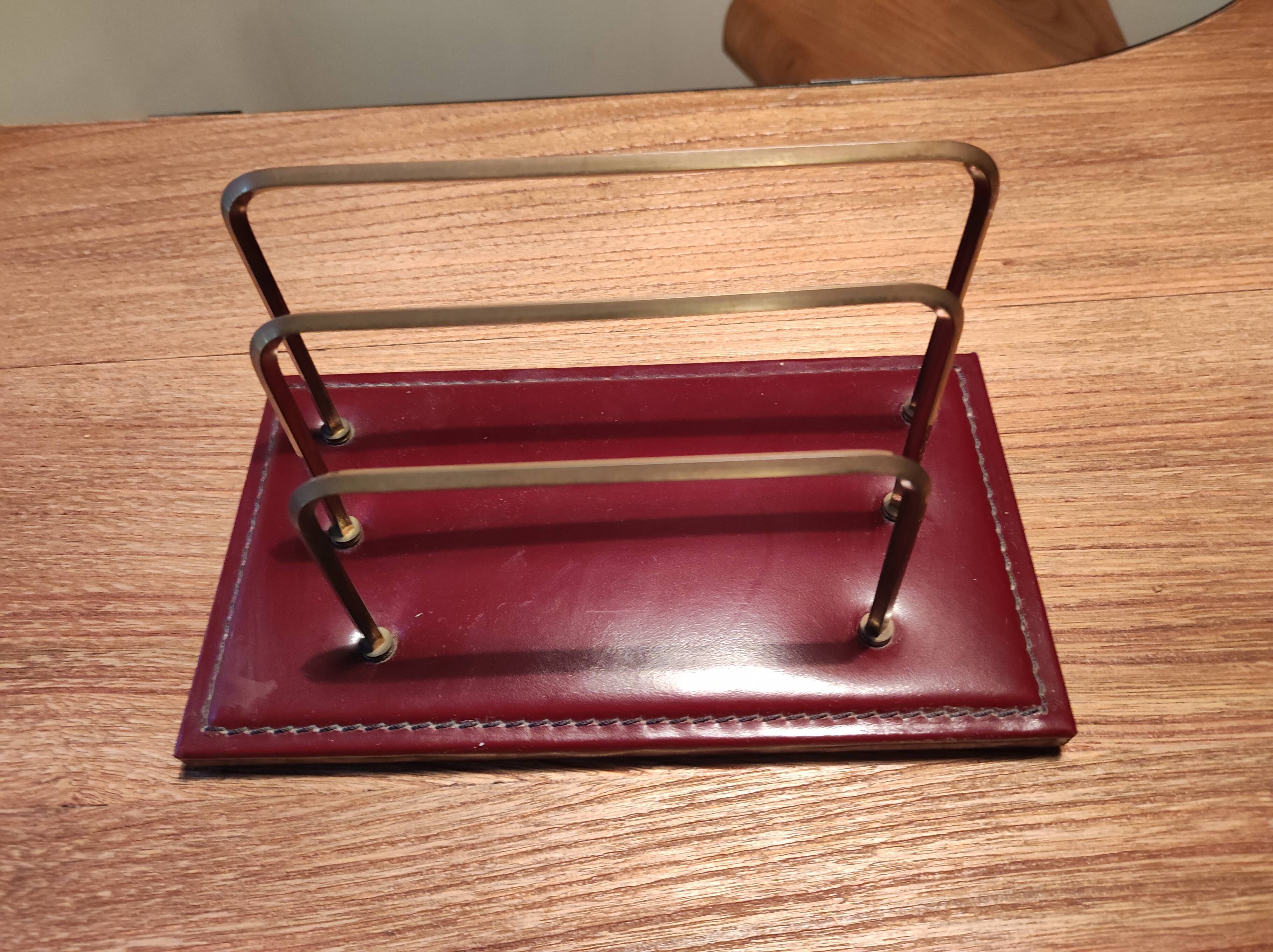 Letter holder sorter mail office leather quilted vintage brass
