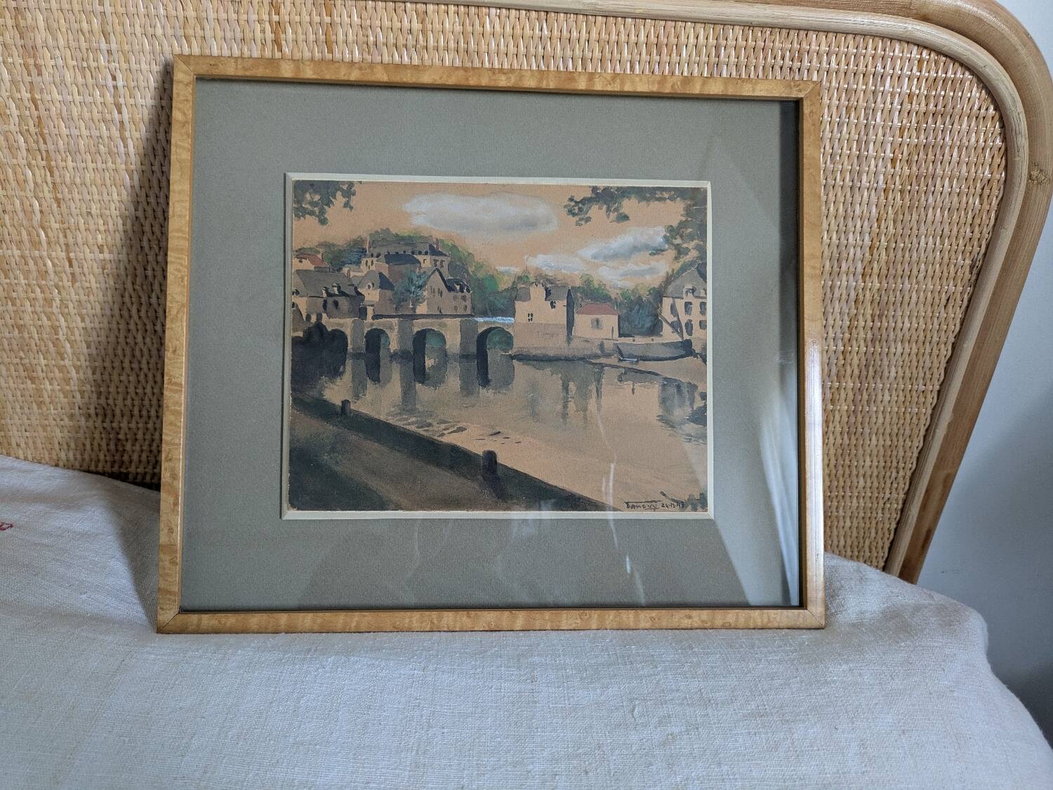 Watercolour signed 1949 framed with a magnifying glass.