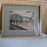 Watercolor signed 1949 framed magnifying glass