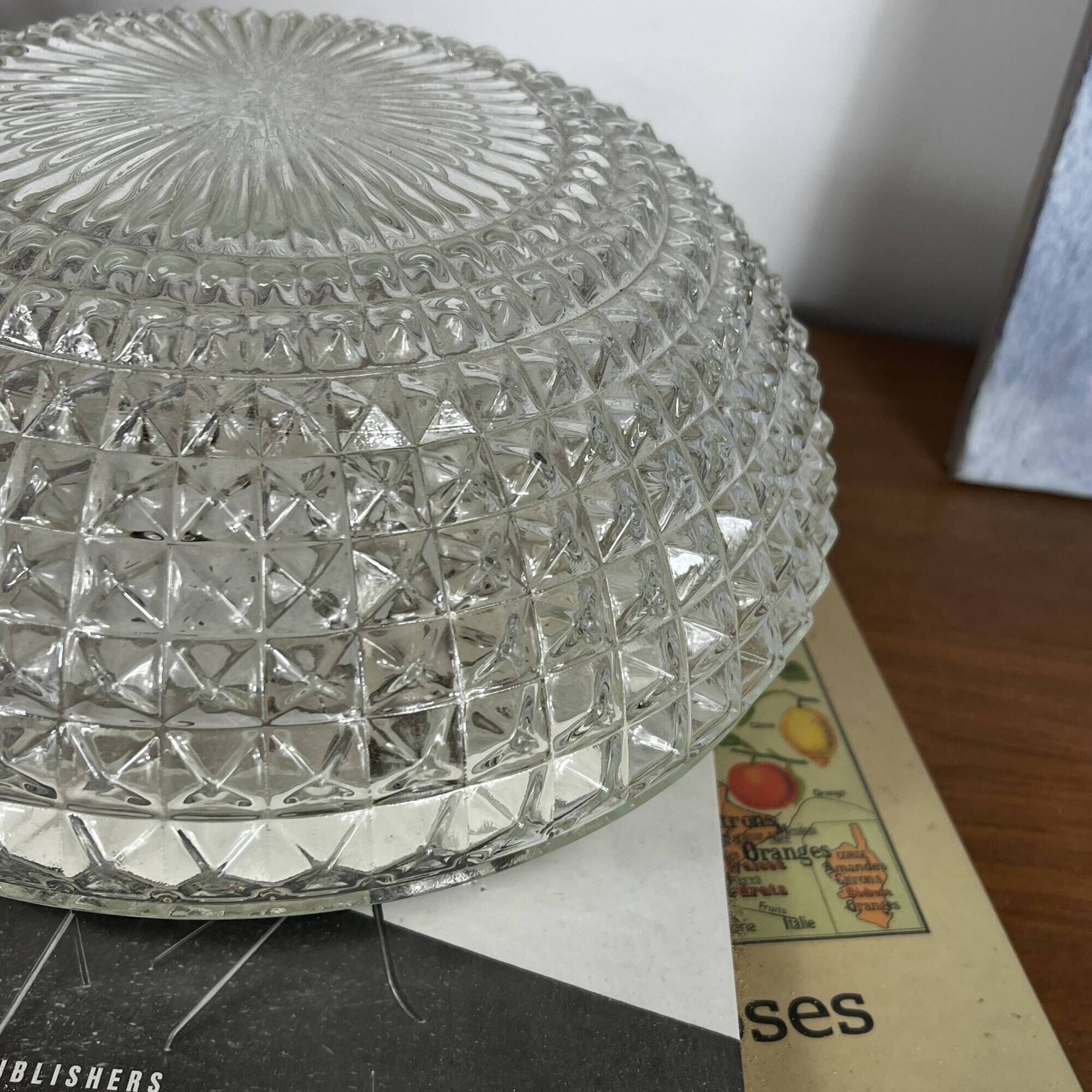 Large round wall lamp ceiling light in transparent vintage glass from the 1970s.