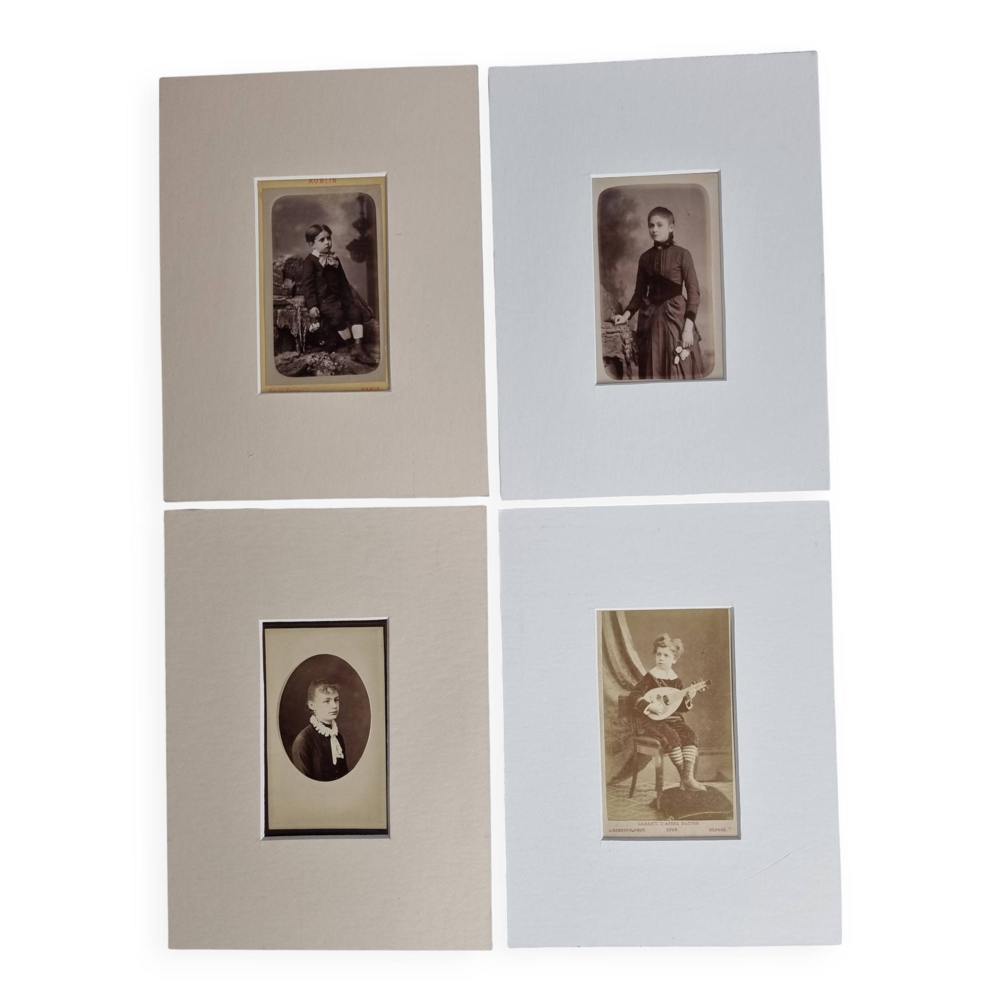 Set of 4 mounted old photographs, portraits of children and young women from the 19th century