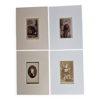 Set of 4 mounted old photographs, portraits of children and young women from the 19th century