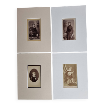 Set of 4 mounted old photographs, portraits of children and young women from the 19th century