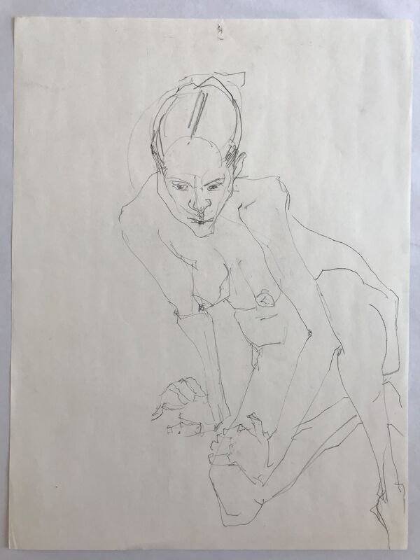 croquis au crayon sur papier de robert haisley, etude de corps féminin, modèle assis
