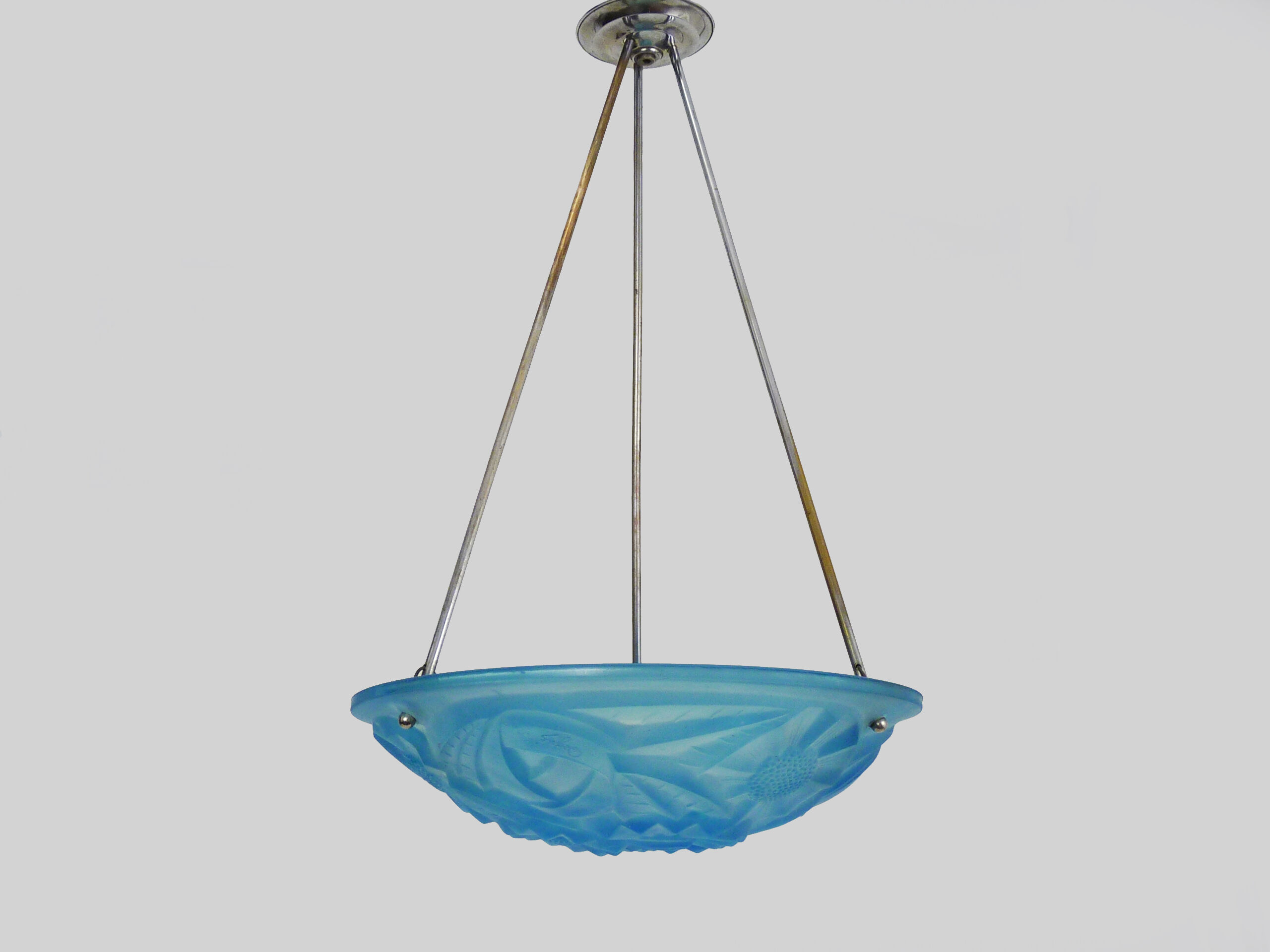 Old degue chandelier, suspension basin art deco 1 fire, in blue glass paste. signed degué