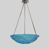 Old degue chandelier, suspension basin art deco 1 fire, in blue glass paste. signed degué