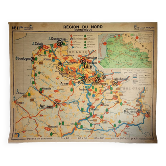 Old geographical school map of the northern region Hachette