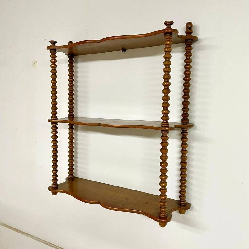 Vintage turned wood wall shelf with 3 levels.
