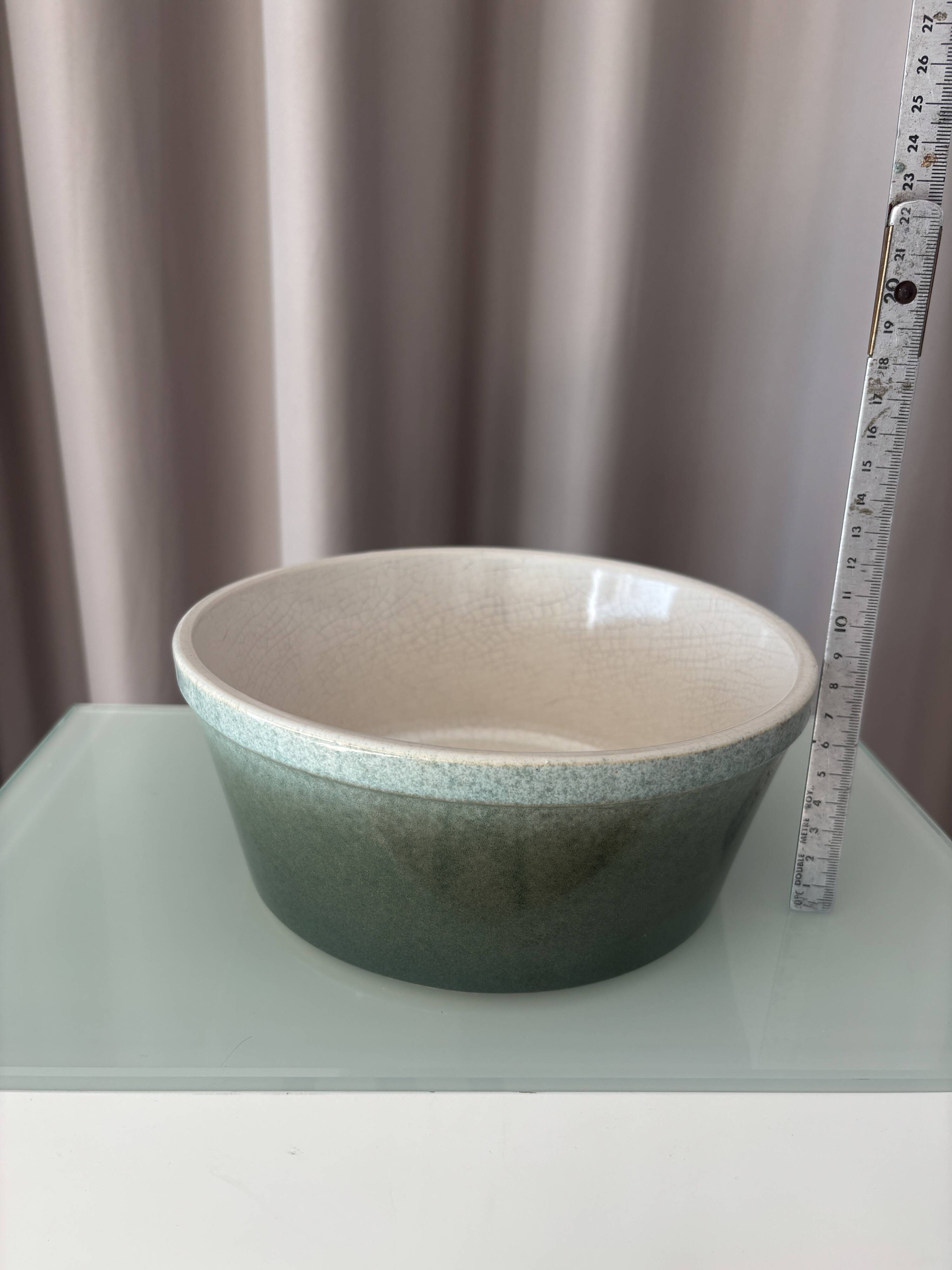 Vintage Scandinavian Stoneware Serving Bowl – Moss Green & Ivory – Mid Cent