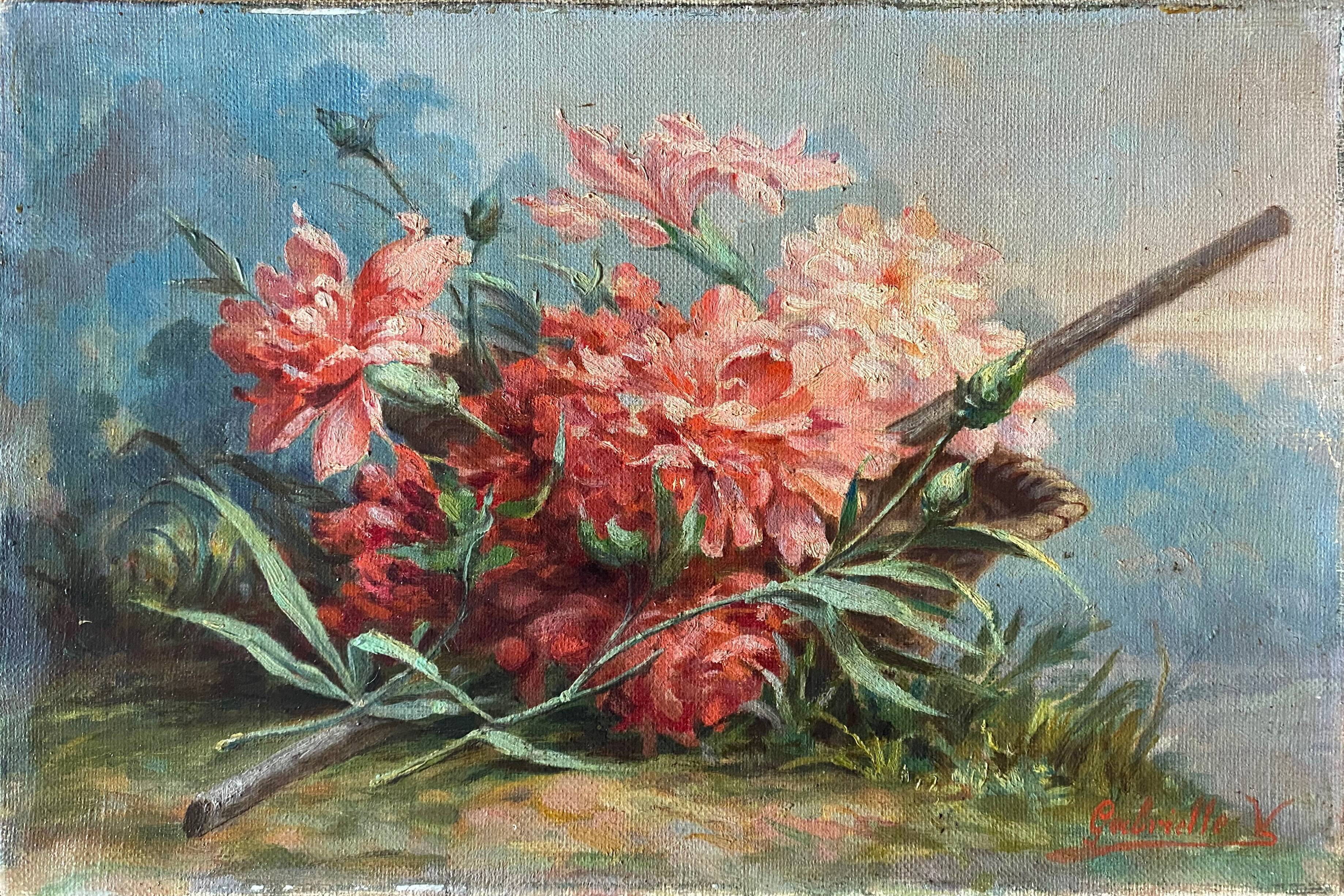 Painting 1900 Bouquet of flowers Carnations in the garden HST signed Gabrielle V.