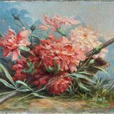 Painting 1900 Bouquet of flowers Carnations in the garden HST signed Gabrielle V.