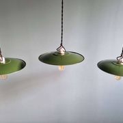 Trio of large industrial suspensions in green enamelled sheet metal.