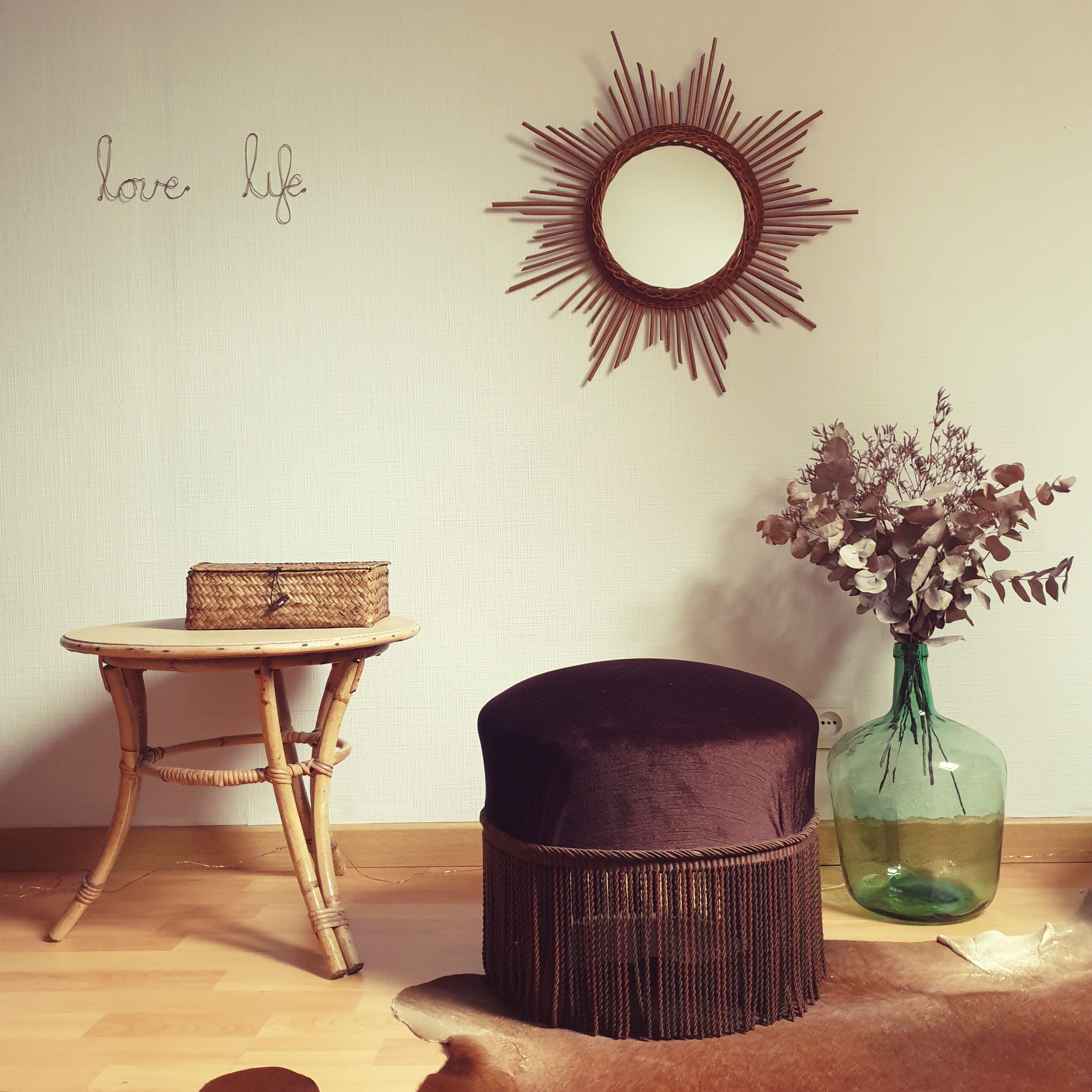 Pouf velours vintage à franges