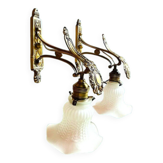 Pair Art Nouveau style brass wall sconce lamps