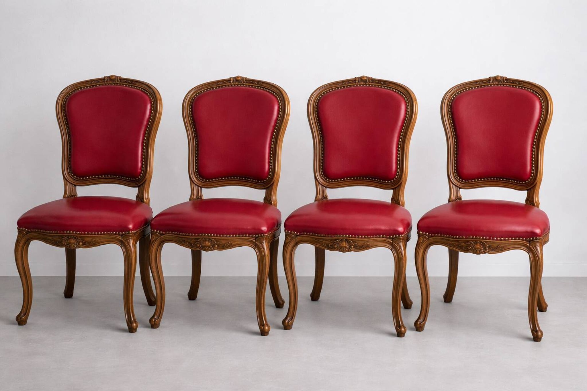 Set of Louis XV Cabriolet Chairs – Carved Wood & Bordeaux Leather