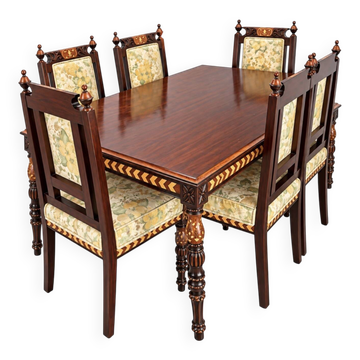 Dining table and 6 carved wooden chairs - Classic style - Chiniot, Pa