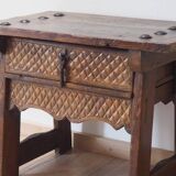 Mid-Century Coffee Table Carved Drawer, Rustic Nailhead Details