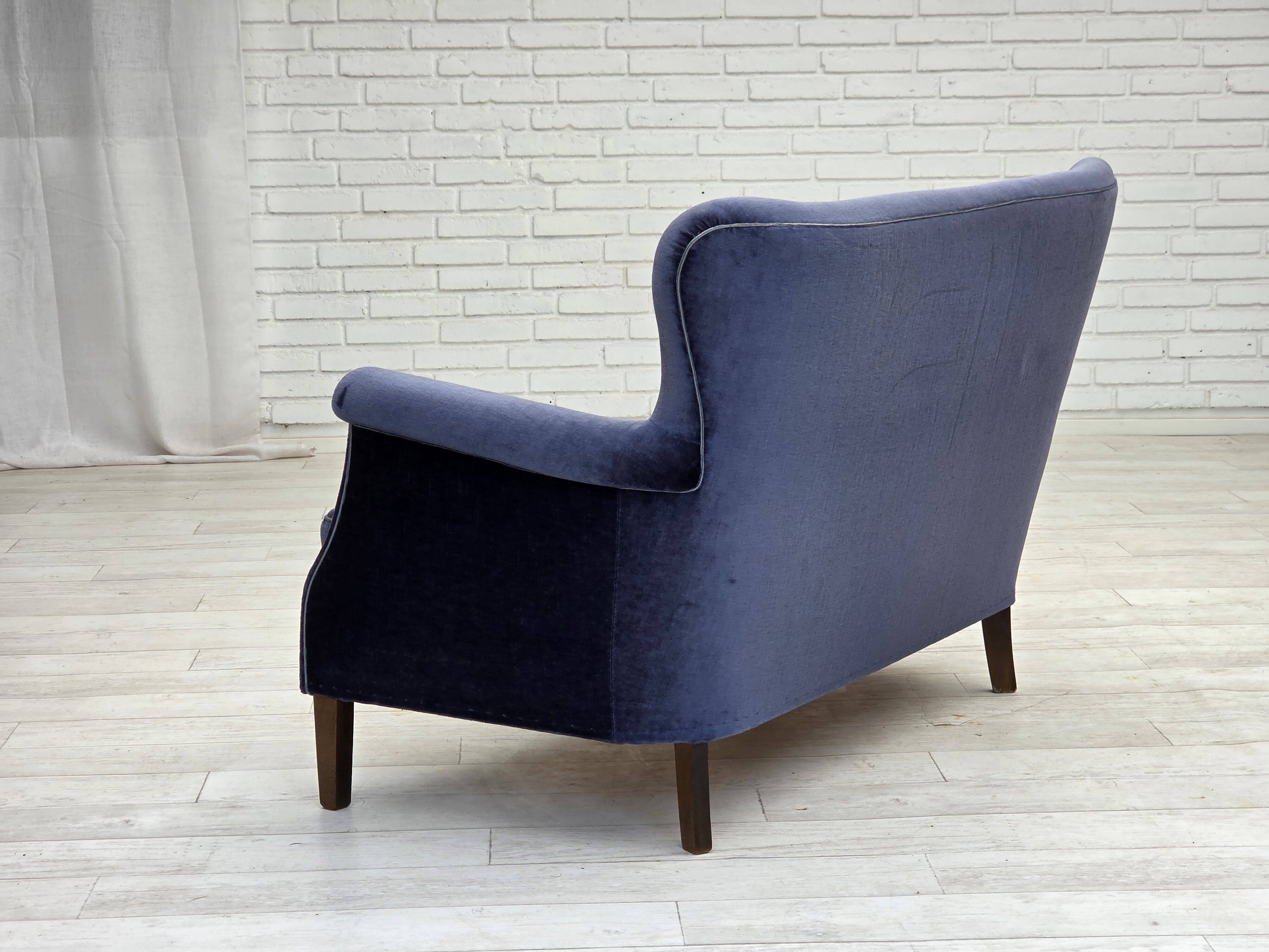 1960s, Danish 2-seater sofa, original blue furniture velour, beech wood.