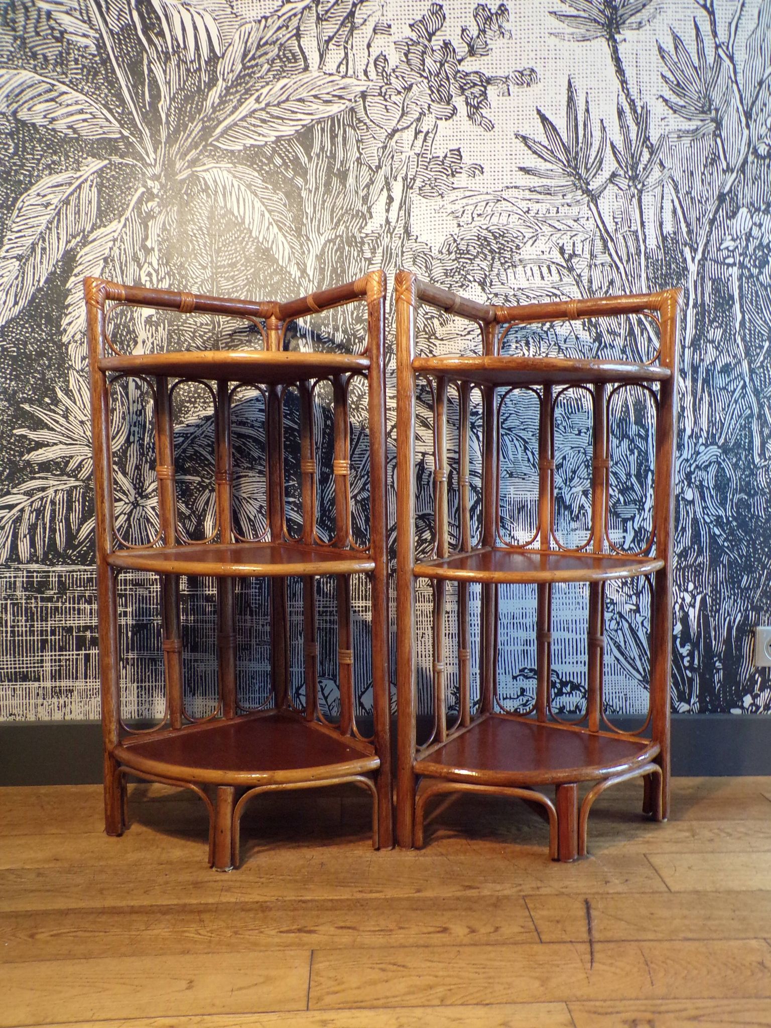 Pair of rattan corner shelves