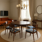 6 chaises en tissu rayé et bois de hêtre foncé