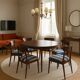 6 chaises en tissu rayé et bois de hêtre foncé