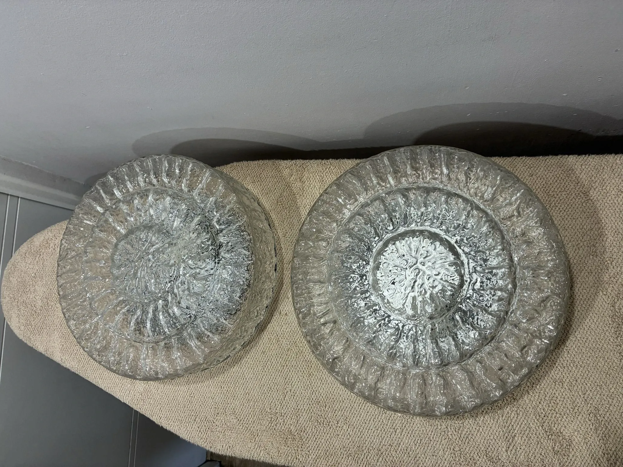 Pair of Peil & Putzler ice glass flush mount lights, 1960s