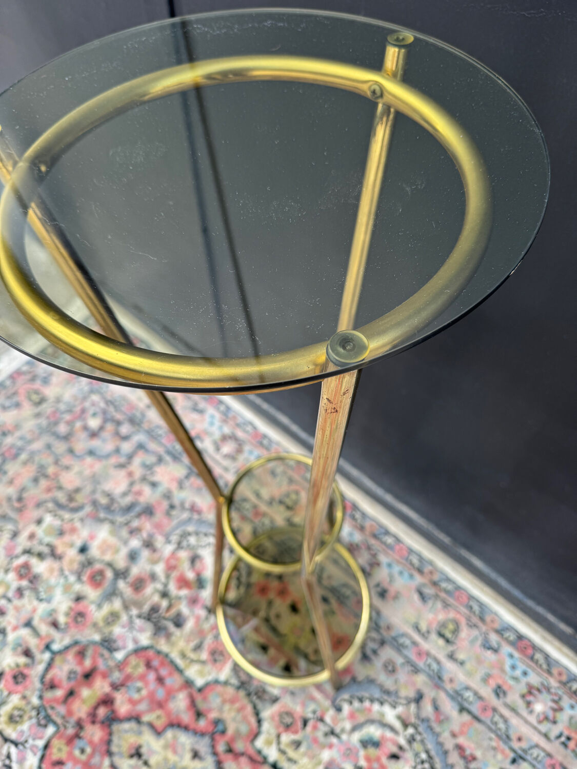 Golden tripod stand with smoked glass from the 1970s.