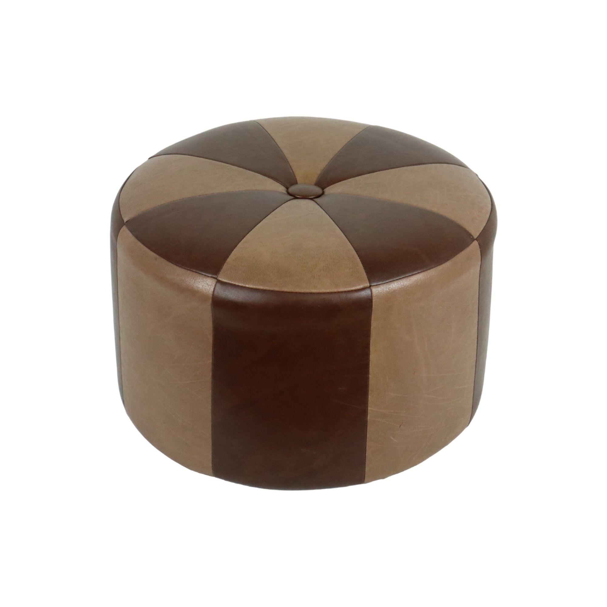 Vintage round pouf skai leather wood footstool brown pattern 44cm