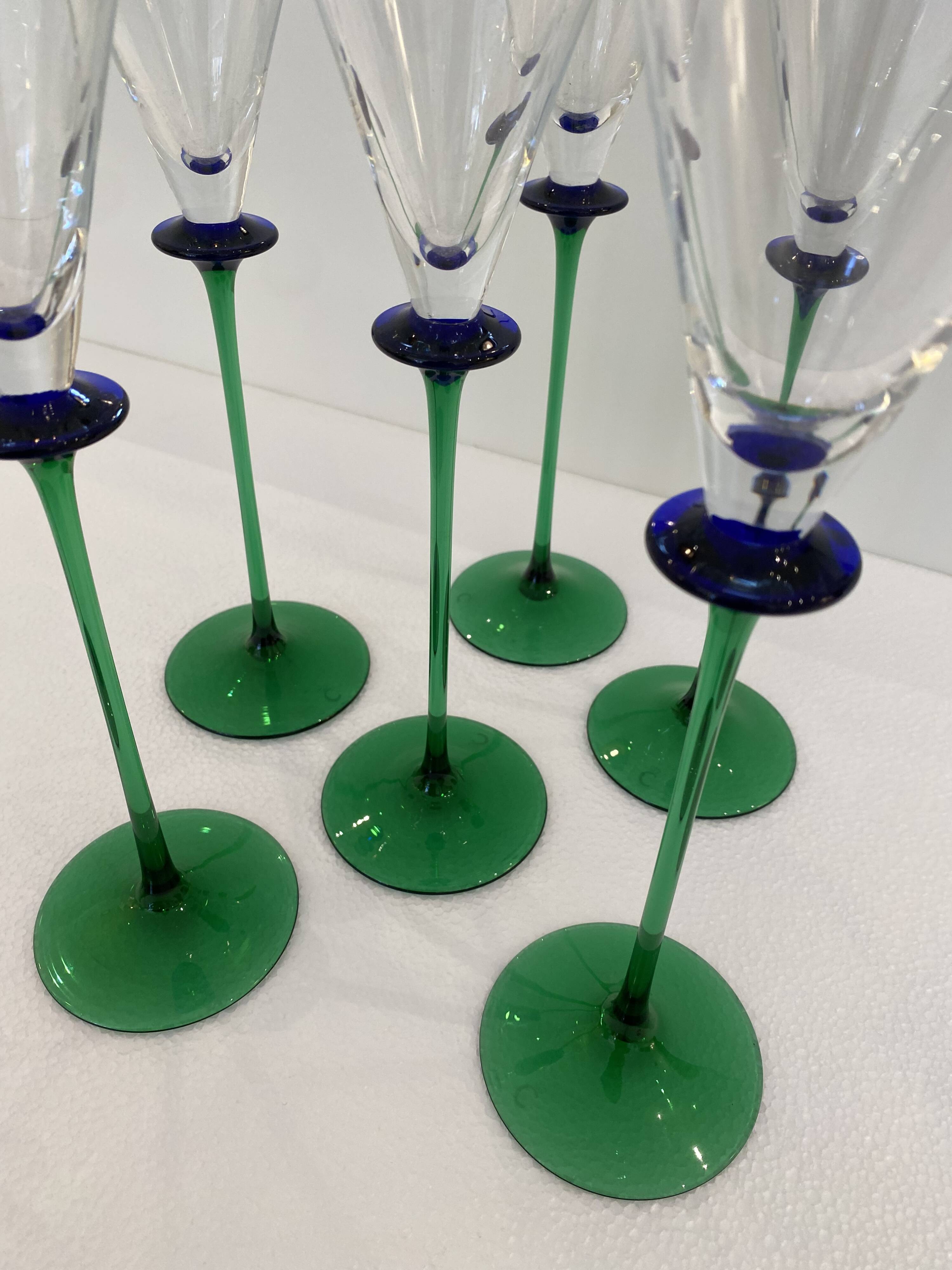 A Set of 6 Hand-blown Emerald Green Cobalt Blue Stem Champagne Flutes Art