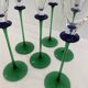 A Set of 6 Hand-blown Emerald Green Cobalt Blue Stem Champagne Flutes Art