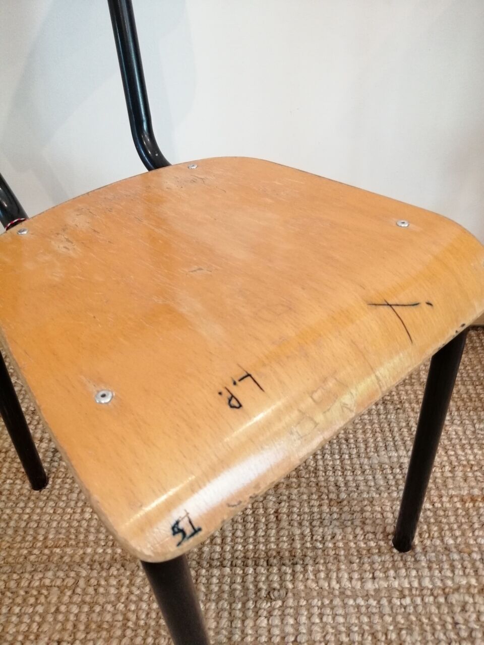 Series of 4 wooden and metal school chairs