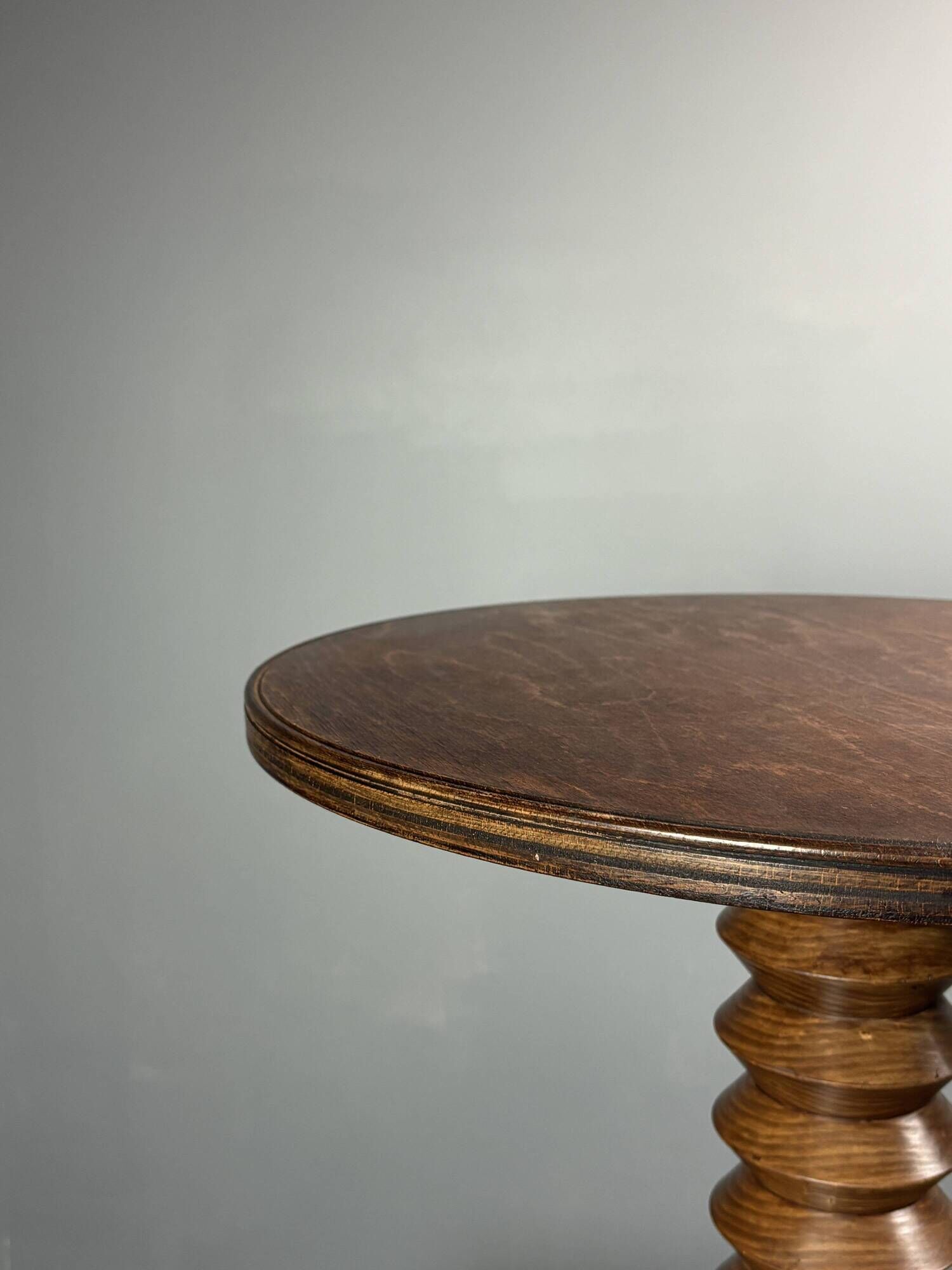 Midcentury brutalist wood turned side table, Charles Dudouyt style, 1950s