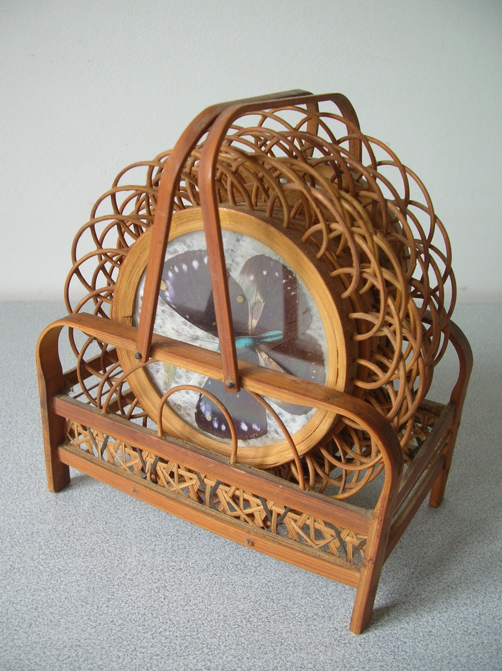 Ancien service de 6 dessous de verre papillon naturel serviteur en rotin bois années 1950/60