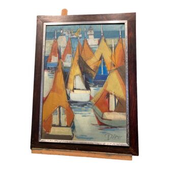 Oil on canvas depicting boats at sea