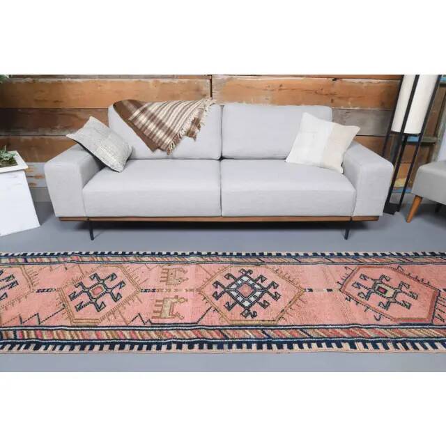 Vintage Turkish Oushak handmade wool cotton pink runner rug 81x368