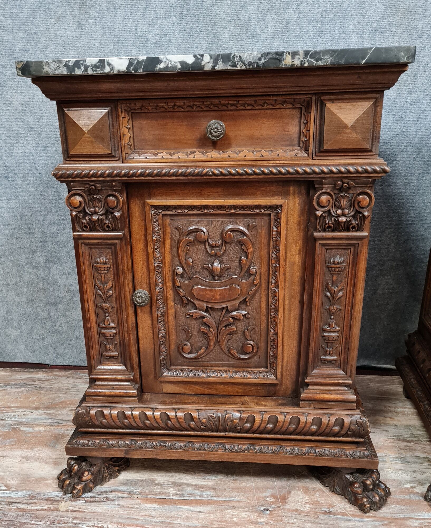Pair of ceremonial furniture or Renaissance walnut bedside tables around 1850