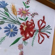 Embroidered tableau Kalocsa in multicolour on a white background, wooden and glass frame, vintage 1950s.
