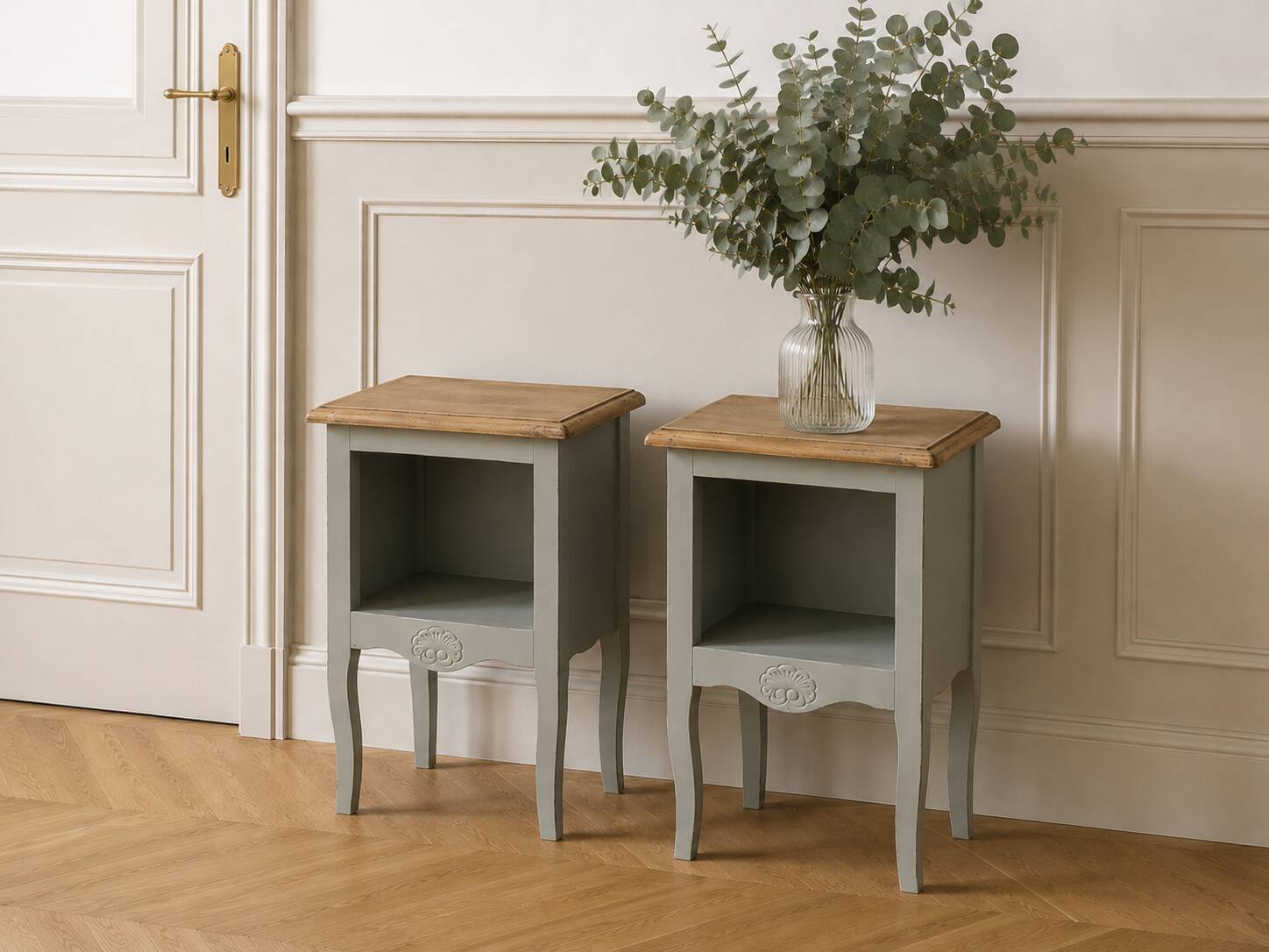 Pair of restored antique bedside tables painted in verdigris.
