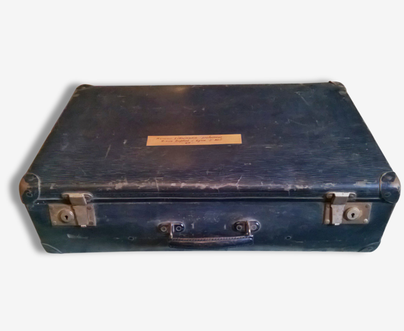 Valise noire vintage en carton, étiquettes d'époque