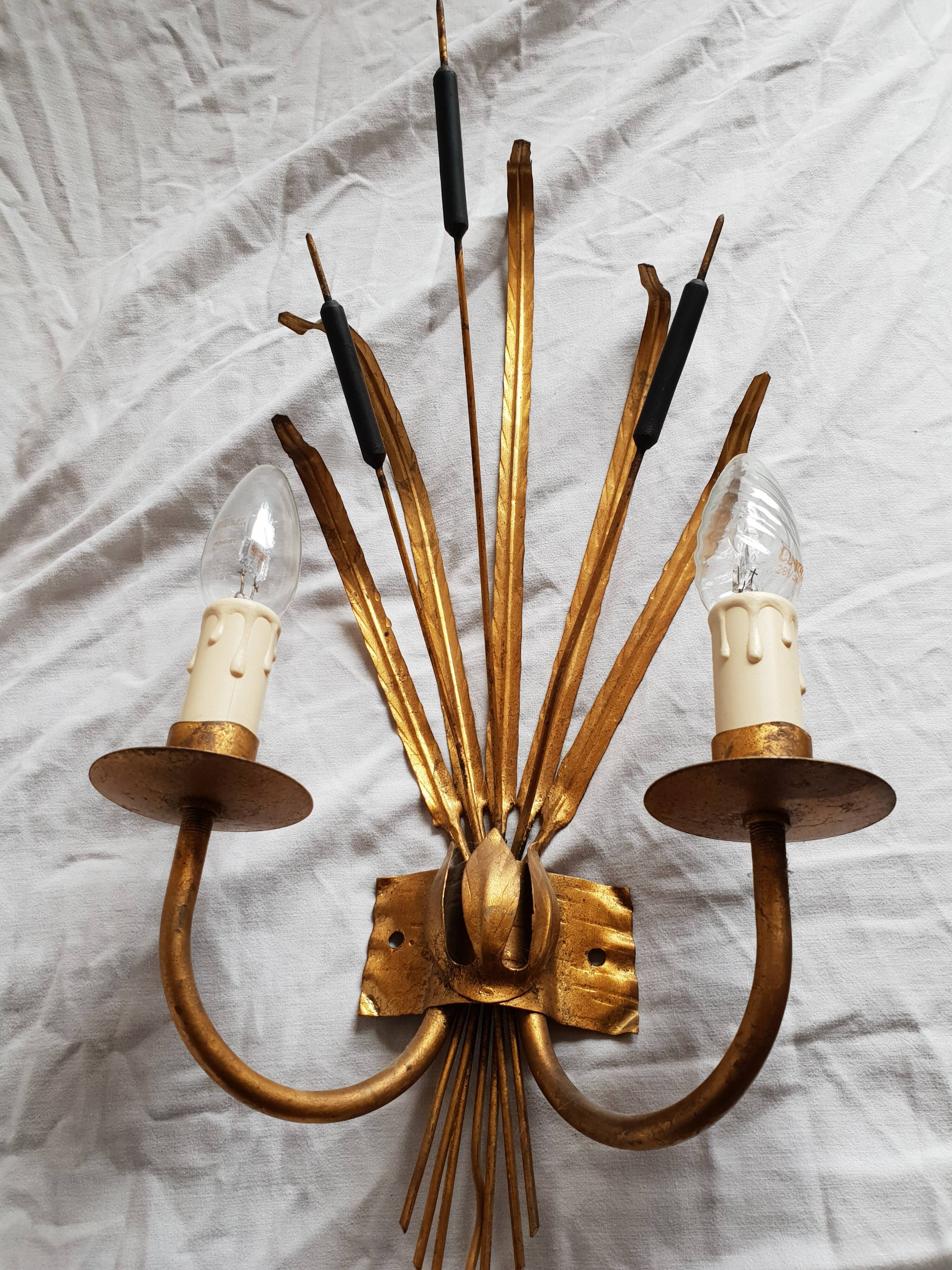 Pair of gilded metal reed wall lamps
