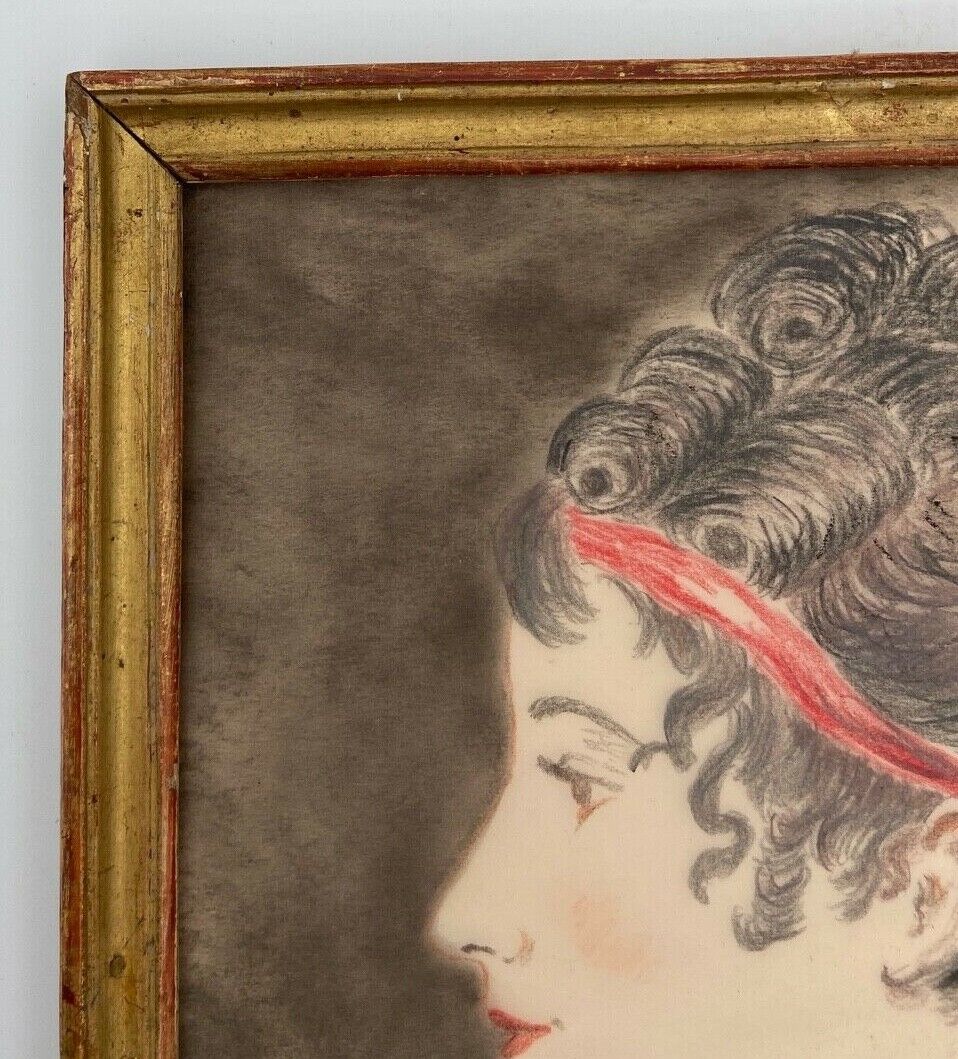 Aquarelle sur papier calque portrait femme travail debut xxe cadre dore