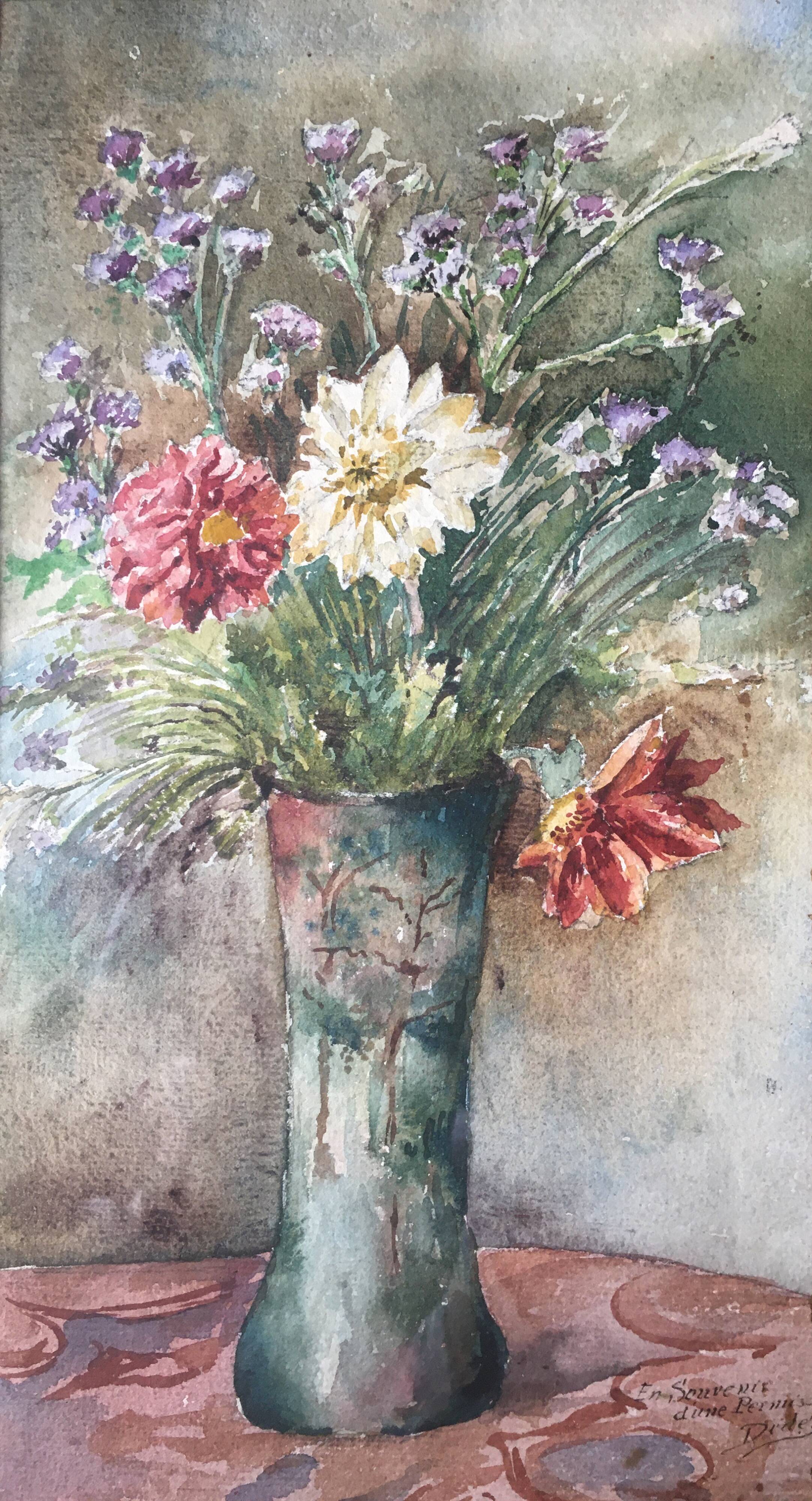 Tableau aquarelle "bouquet de fleurs champêtres" signé + cadre