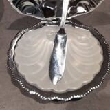 Silver-plated metal scallop butter dish and white glass bowl