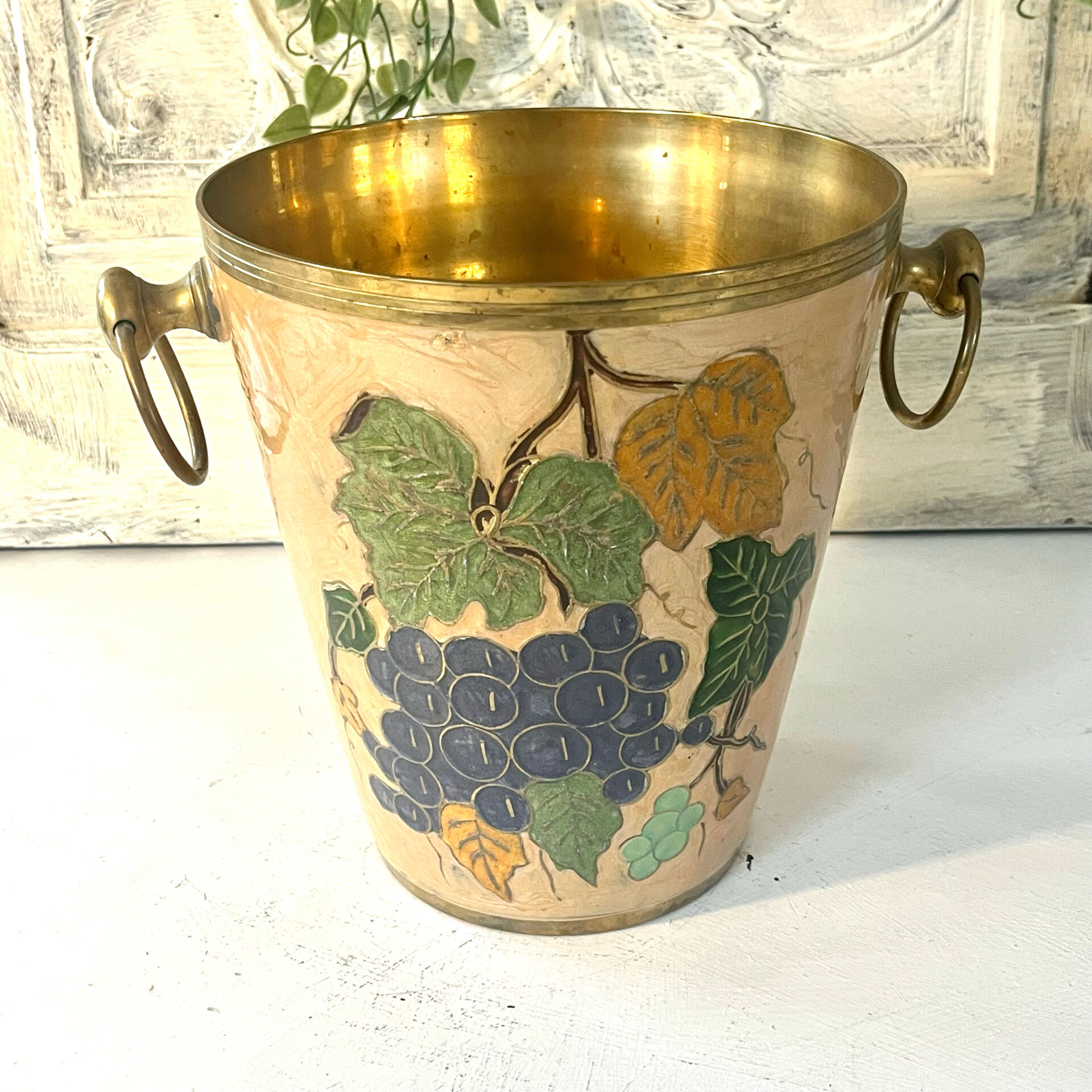 French vintage cloisonne champagne bucket with grape and vine design