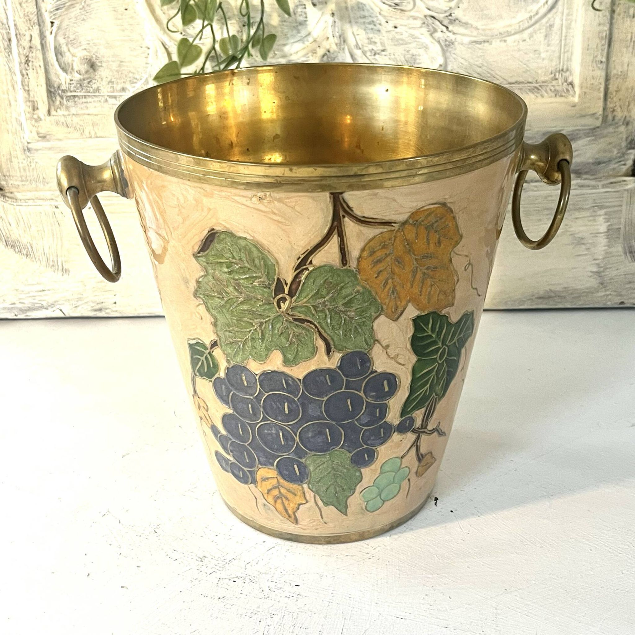 French vintage cloisonne champagne bucket with grape and vine design
