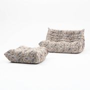 Togo pouf and 2-seater sofa in pattern by Michel Ducaroy for Ligne Roset, set of 2