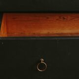 Commode noire à 2 tiroirs, plateau en bois brut et pied fuselés