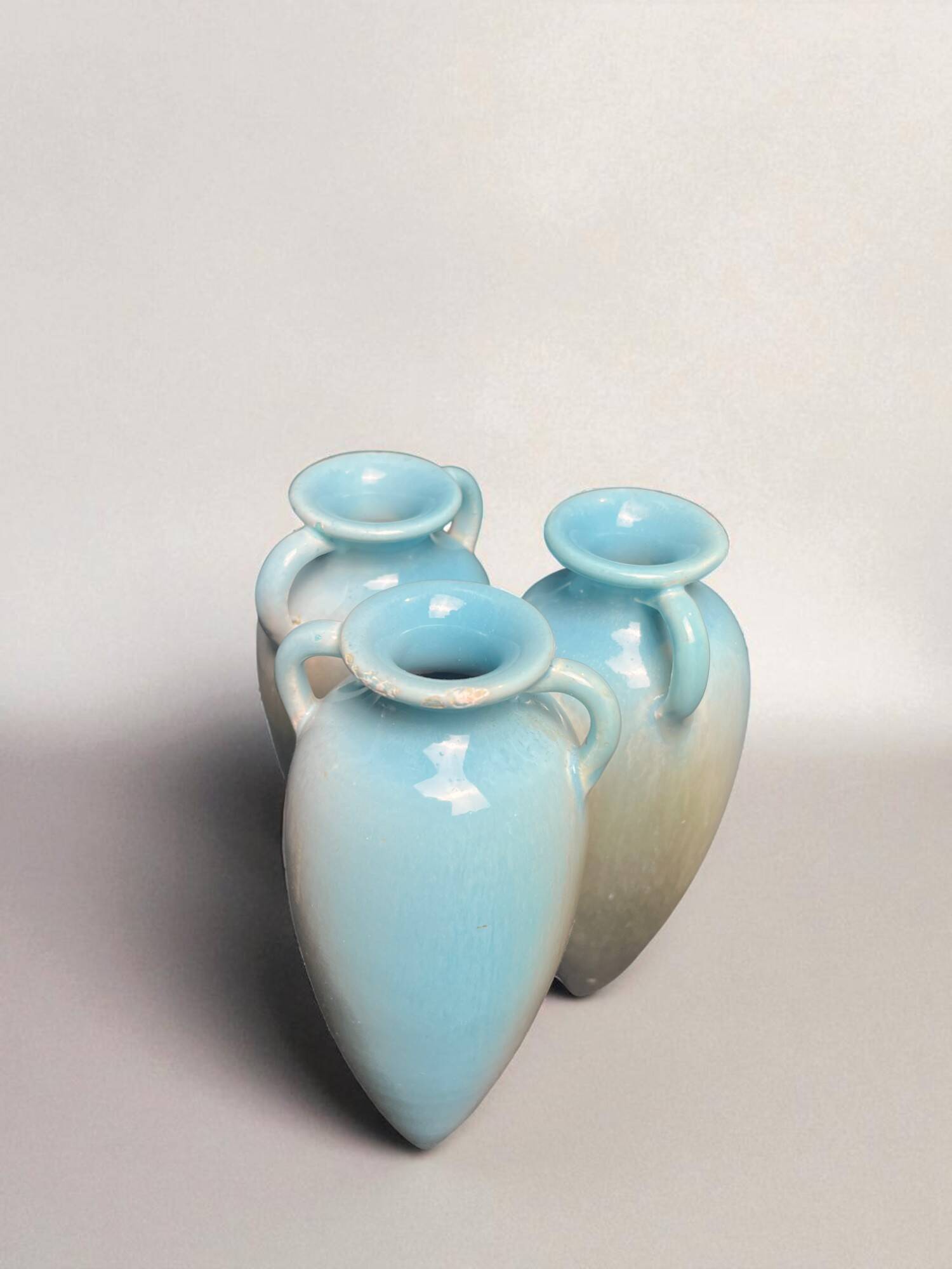 Art Nouveau, small triple amphora vase, glazed earthenware, Massier, circa 1900